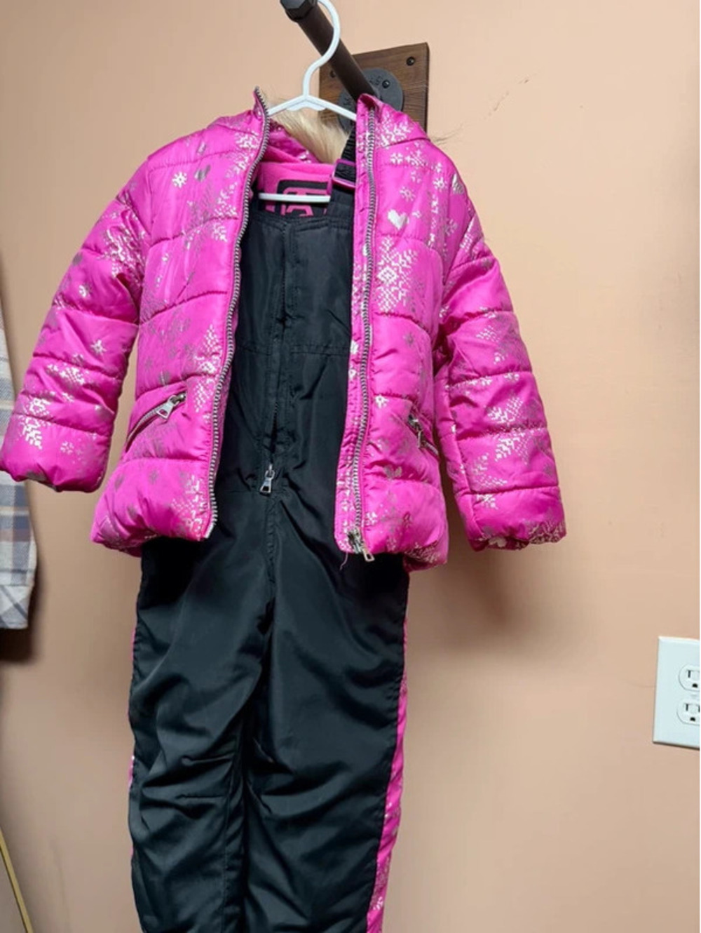 Arctic Quest Girls Pink Snowflake Puffer Jacket & Black Snow Pants Bib Set